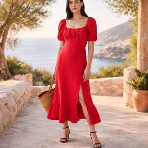 Los Angeles Atelier & Other Stories linen ruffled midi or maxi red dress zip 8